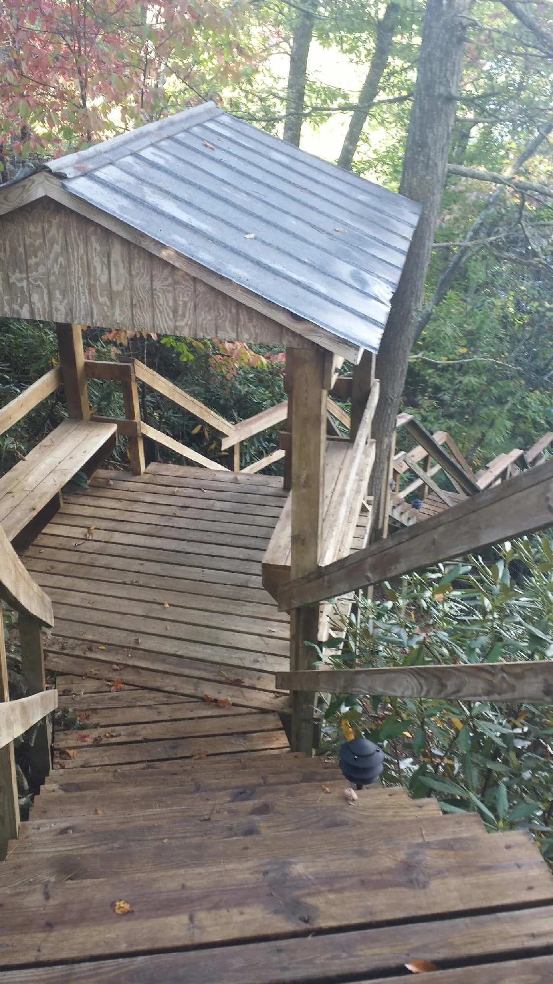 Metal roofed shelter over wooden steps on a wooded walkway — Skylight Repair & Installation work by our crew in Seth